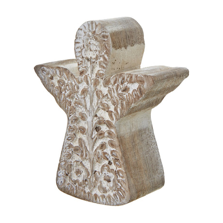 Hill Interiors Patterned Angel Wooden Decoration in brown with white wash finish, carved floral detailing and folded wings, shown on a plain background.