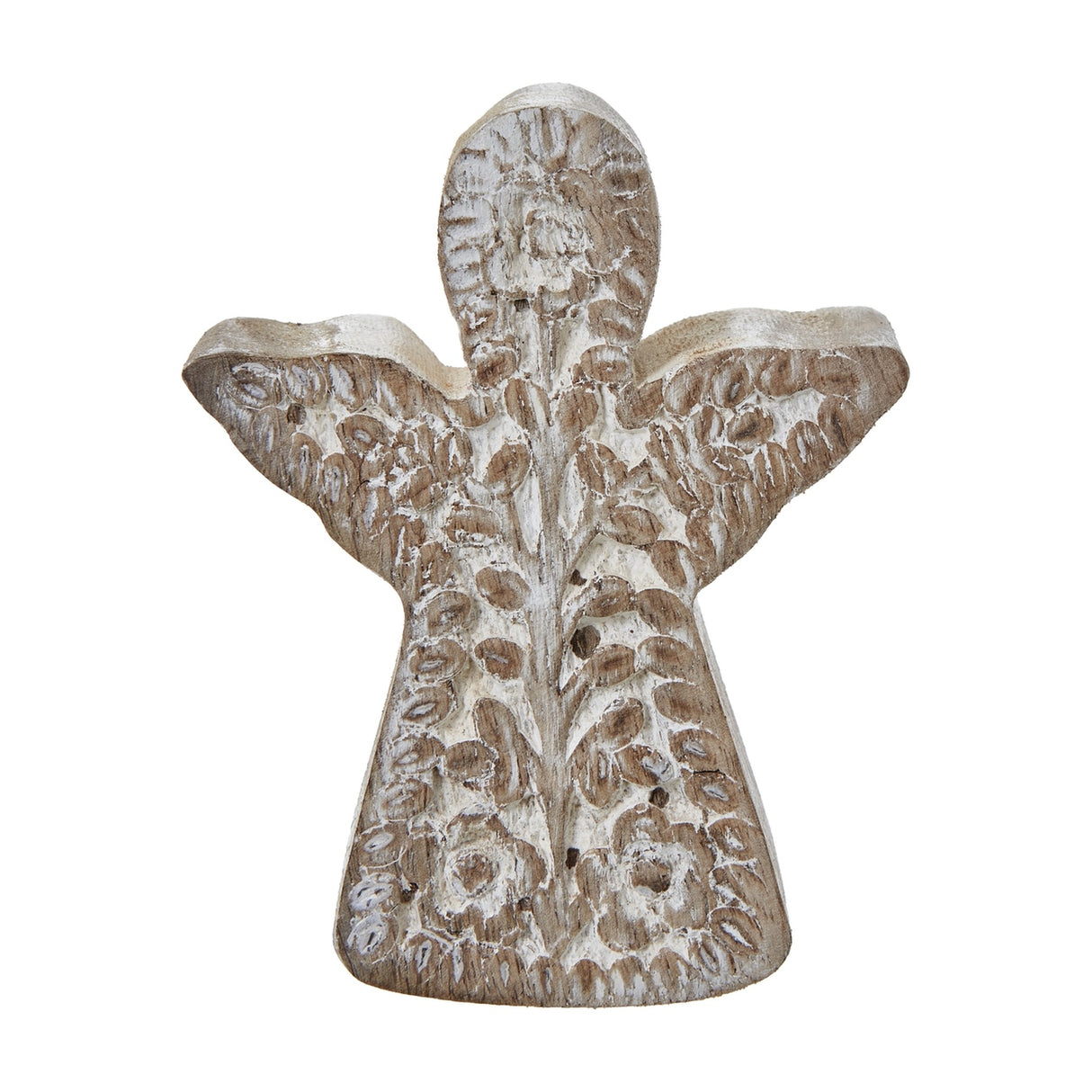 Hill Interiors Patterned Angel Wooden Decoration in brown with white wash finish, carved floral detailing across folded wings and body, on a white background.