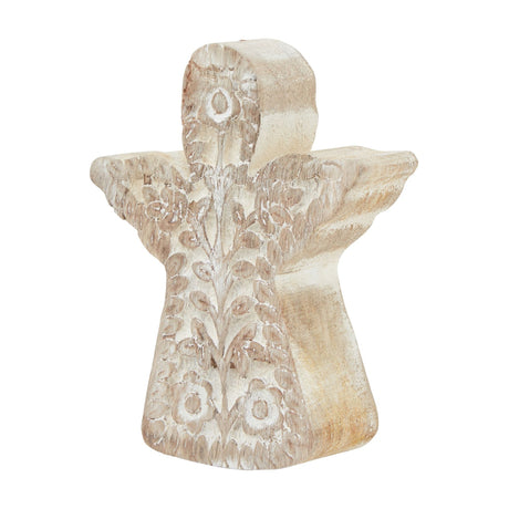 Hill Interiors Patterned Large Angel Decoration in carved wood with white wash finish, folded wings and floral detailing, shown on a plain background.