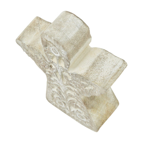 Hill Interiors Patterned Large Angel Decoration in carved wood with white wash finish over brown grain, shown from above on a plain white background.