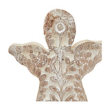 Hill Interiors Patterned Large Angel Decoration in brown, a carved wooden figure with folded wings and leaf-pattern detailing under a soft white wash.