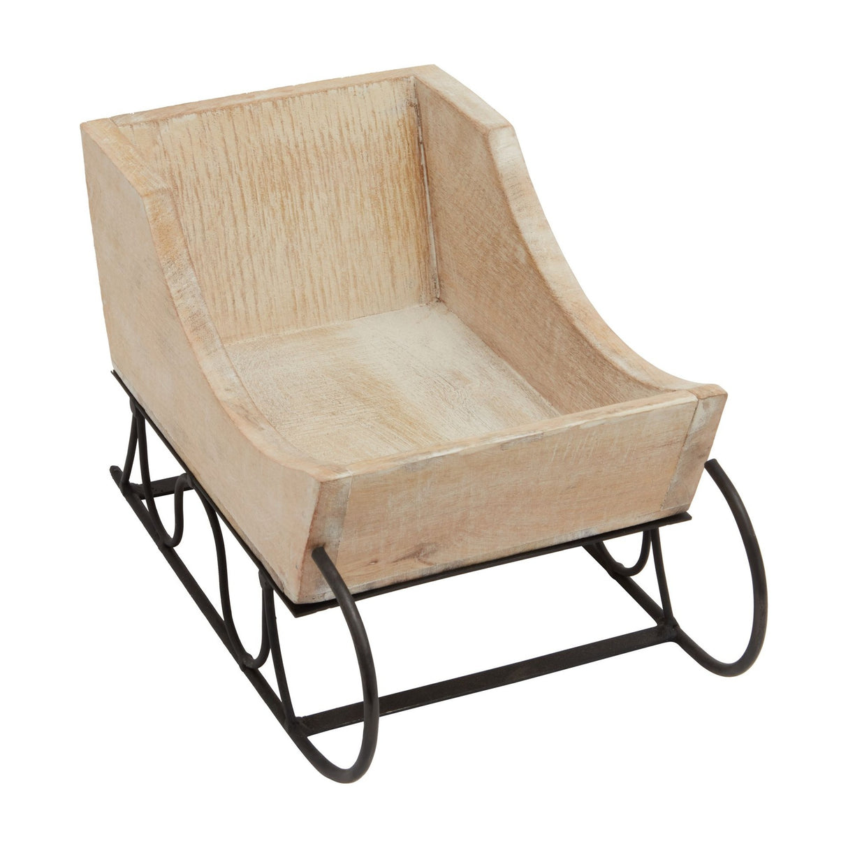 Hill Interiors wooden decorative sleigh with white wash finish over warm brown grain, set on curved black metal runners against a plain white background.