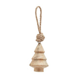Hill Interiors Hand Turned Wooden Tree Bauble in beige, a small tiered wood Christmas ornament with jute rope loop, on a plain white background.
