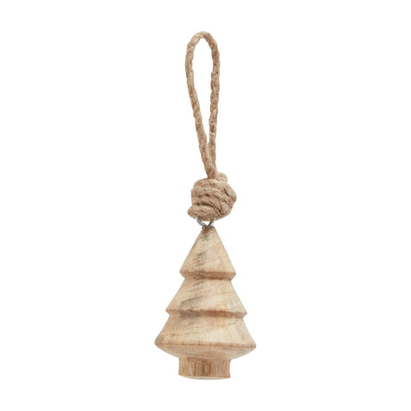 Hill Interiors Hand Turned Wooden Tree Bauble in beige, a small tiered wood Christmas ornament with jute rope loop, on a plain white background.