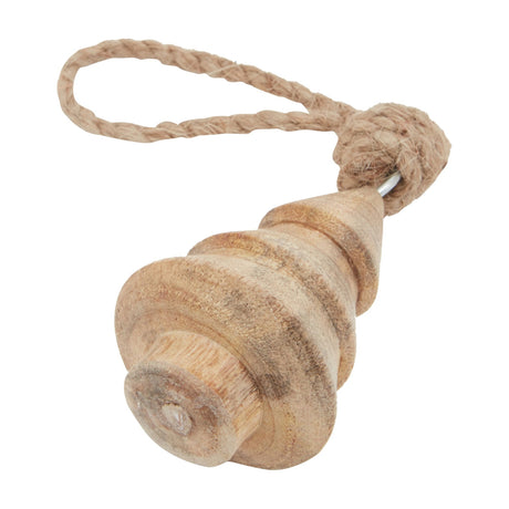 Hill Interiors hand turned wooden tree bauble in beige with natural grain and jute rope loop, shown on a plain white background.