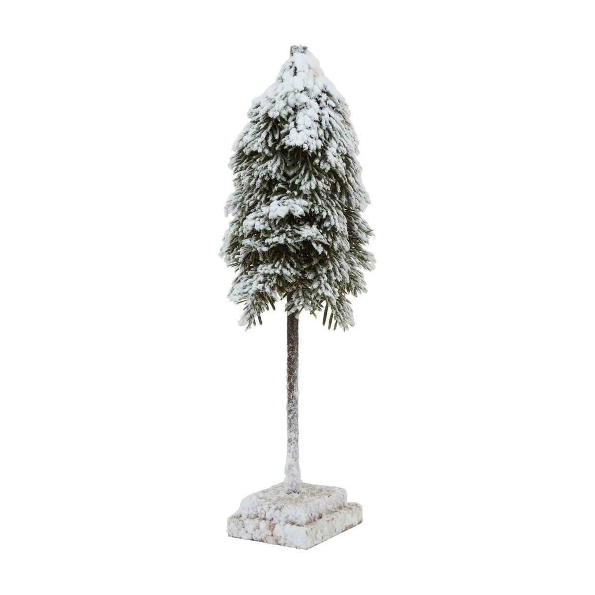 Hill Interiors medium snowy cedar Christmas tree with flocked green branches on a slim trunk and square wood block base, shown on a white background.