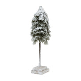 Hill Interiors medium snowy cedar Christmas tree with flocked green branches on a slim trunk and square wood block base, shown on a white background.