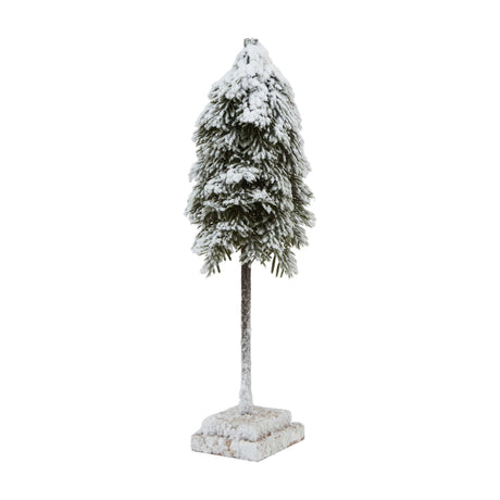 Hill Interiors medium snowy cedar Christmas tree with flocked green branches on a slim trunk and square wood block base, shown on a white background.