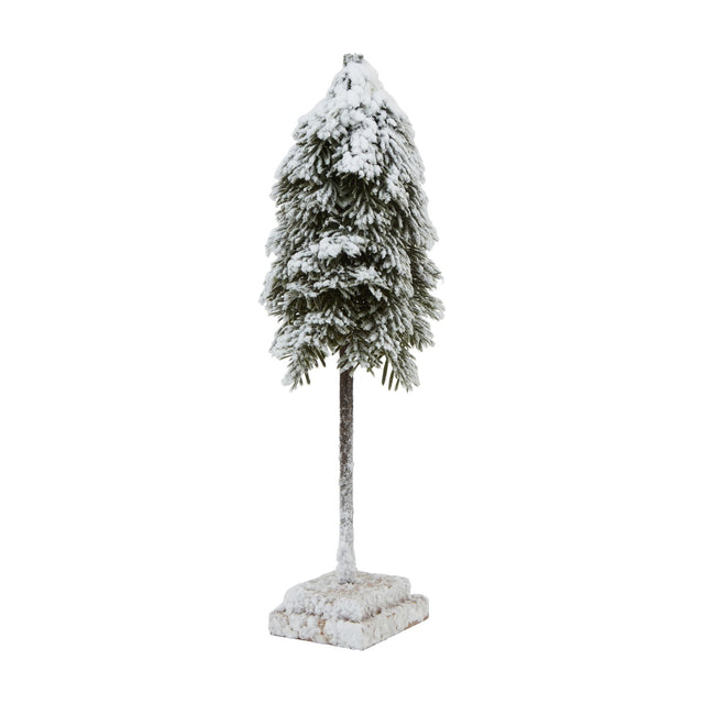 Hill Interiors medium snowy cedar Christmas tree with flocked green branches on a slim trunk and square wood block base, shown on a white background.