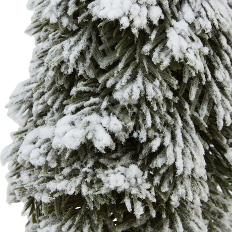 Close-up of Hill Interiors Medium Snowy Cedar Tree showing dense green plastic pine needles dusted with a soft white snowy finish across the branches.