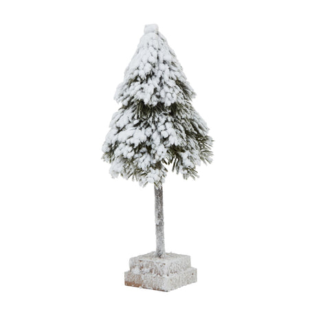 Hill Interiors Small Snowy Cedar Tree on Wood Block in brown, a 30cm plastic decoration with frosted branches on a square base, on white.