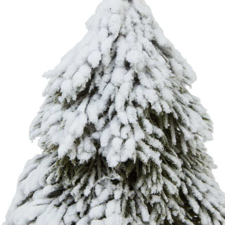Close-up of the Hill Interiors Small Snowy Cedar Tree showing the layered green branches with a soft white snowy finish against a plain background.