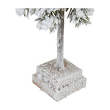 Hill Interiors small snowy cedar Christmas tree with green flocked branches on a brown wood block base, shown against a plain white background.