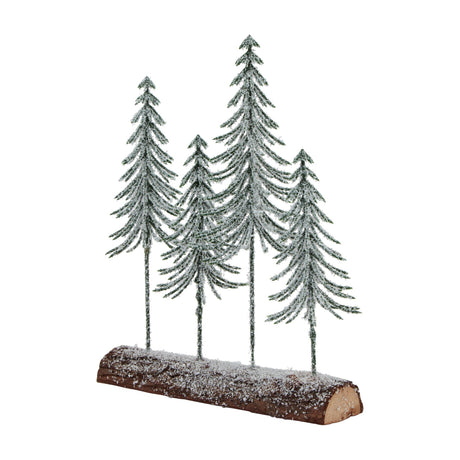 Hill Interiors Small Snowy Spindle Tree Quad on Wooden Log decoration with four frosted green trees on a snow-dusted brown log base.