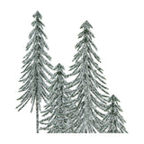 Close-up of Hill Interiors Small Snowy Spindle Tree Quad, showing slender green plastic spindle trees dusted with snow on the branches, on a white background.