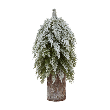 Hill Interiors Small Snowy Fir Tree on Tall Wood Log in brown, a 30cm plastic Christmas decoration with frosted evergreen branches, shown on a white background.