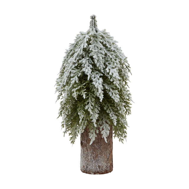 Hill Interiors Small Snowy Fir Tree on Tall Wood Log in brown, a 30cm plastic Christmas decoration with frosted evergreen branches, shown on a white background.