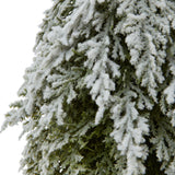 Close-up of the Hill Interiors Small Snowy Fir Tree, showing frosted green plastic branches dusted with snow against a plain white background.
