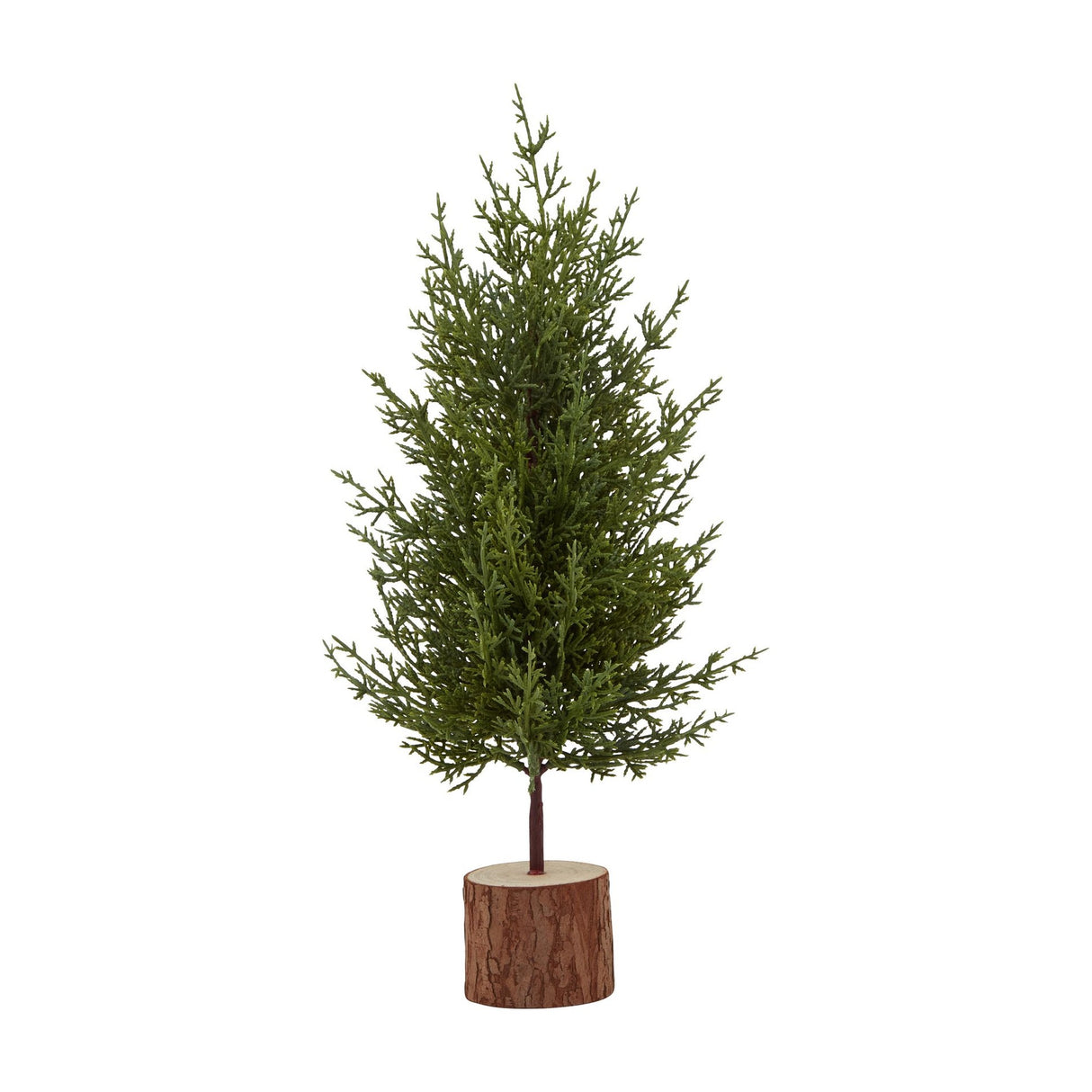 Hill Interiors Small Green Fir Tree with moulded plastic foliage set into a natural wood log base, shown against a plain white background.