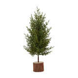 Hill Interiors Small Green Fir Tree with moulded plastic foliage set into a natural wood log base, shown against a plain white background.