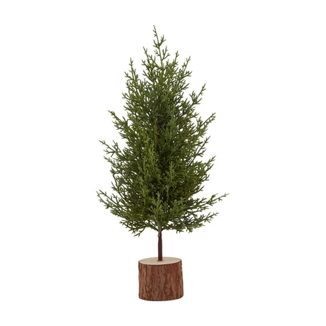 Hill Interiors Small Green Fir Tree with moulded plastic foliage set into a natural wood log base, shown against a plain white background.