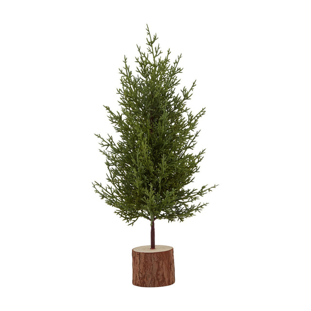 Hill Interiors Small Green Fir Tree with moulded plastic foliage set into a natural wood log base, shown against a plain white background.