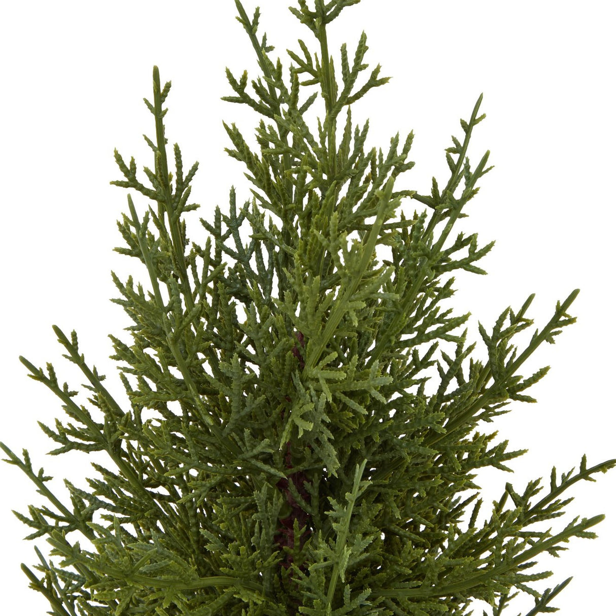 Close-up of the Hill Interiors Small Green Fir Tree, showing detailed green plastic foliage moulded to resemble layered conifer branches, on a white background.
