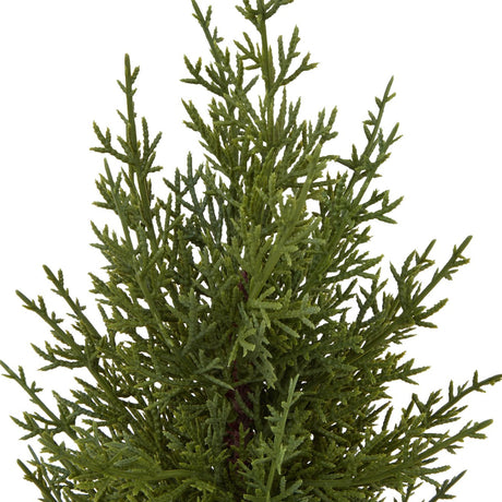 Close-up of the Hill Interiors Small Green Fir Tree, showing detailed green plastic foliage moulded to resemble layered conifer branches, on a white background.