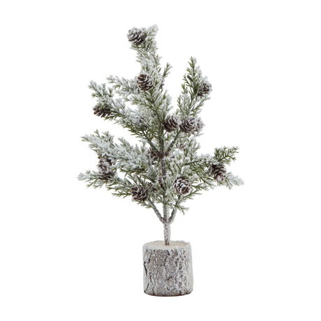 Hill Interiors Small Snowy Fir Tree with pinecones and faux snow-dusted branches set in a brown wood-effect log base, shown on a white background.