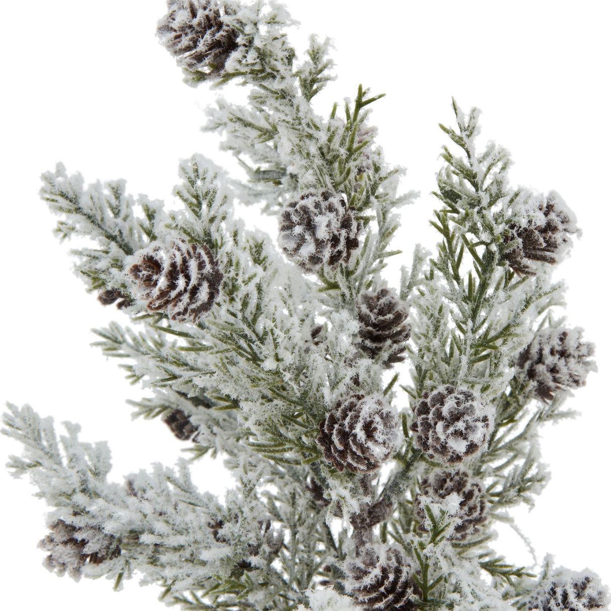 Close-up of Hill Interiors Small Snowy Fir Tree with frosted green branches, faux snow dusting, and clustered mini pinecones on a white background.