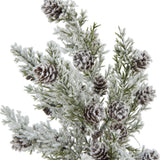 Close-up of Hill Interiors Small Snowy Fir Tree with frosted green branches, faux snow dusting, and clustered mini pinecones on a white background.