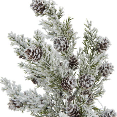 Close-up of Hill Interiors Small Snowy Fir Tree with frosted green branches, faux snow dusting, and clustered mini pinecones on a white background.