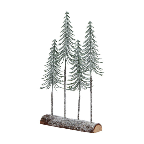 Hill Interiors Medium Snowy Spindle Tree Quad decoration with four frosted green pine trees set into a brown wooden log base, on a white background.