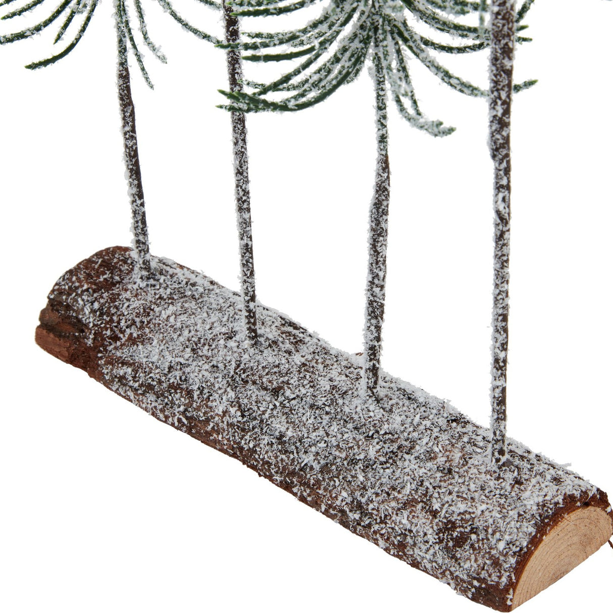 Close-up of the Hill Interiors Medium Snowy Spindle Tree Quad base, showing slender frosted trunks set into a snow-dusted brown wooden log.