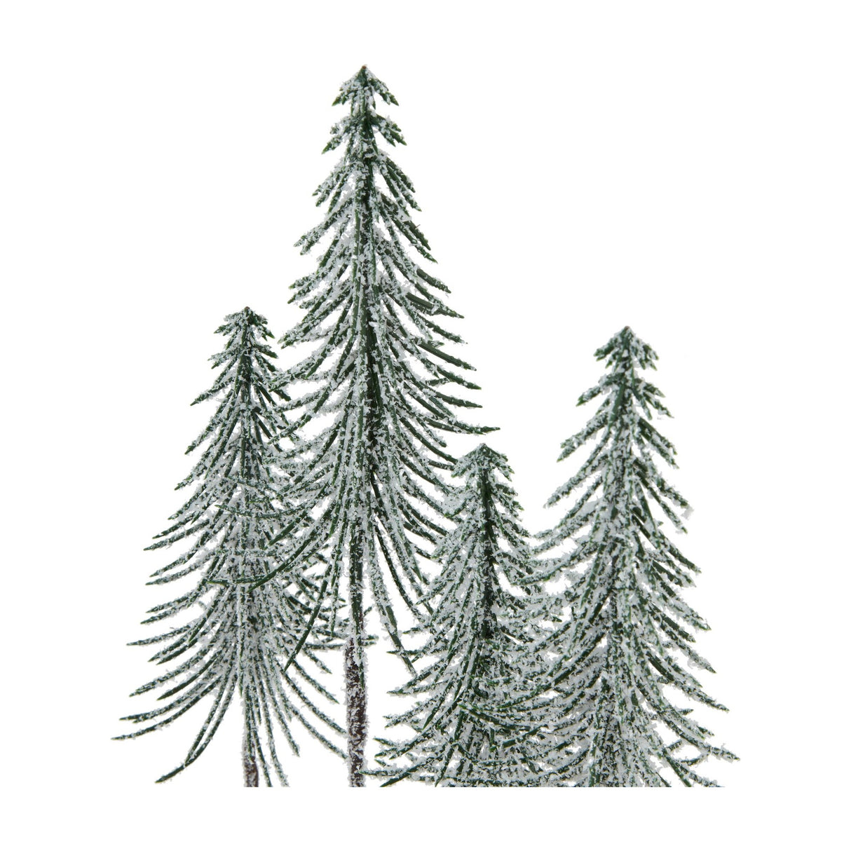Hill Interiors Medium Snowy Spindle Tree Quad with four slender green plastic trees dusted in white snow, shown against a plain white background.