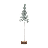 Hill Interiors Large Snowy Spindle Tree, a slim conifer form with frosted green branches set on a natural brown wood log base, shown on a white background.