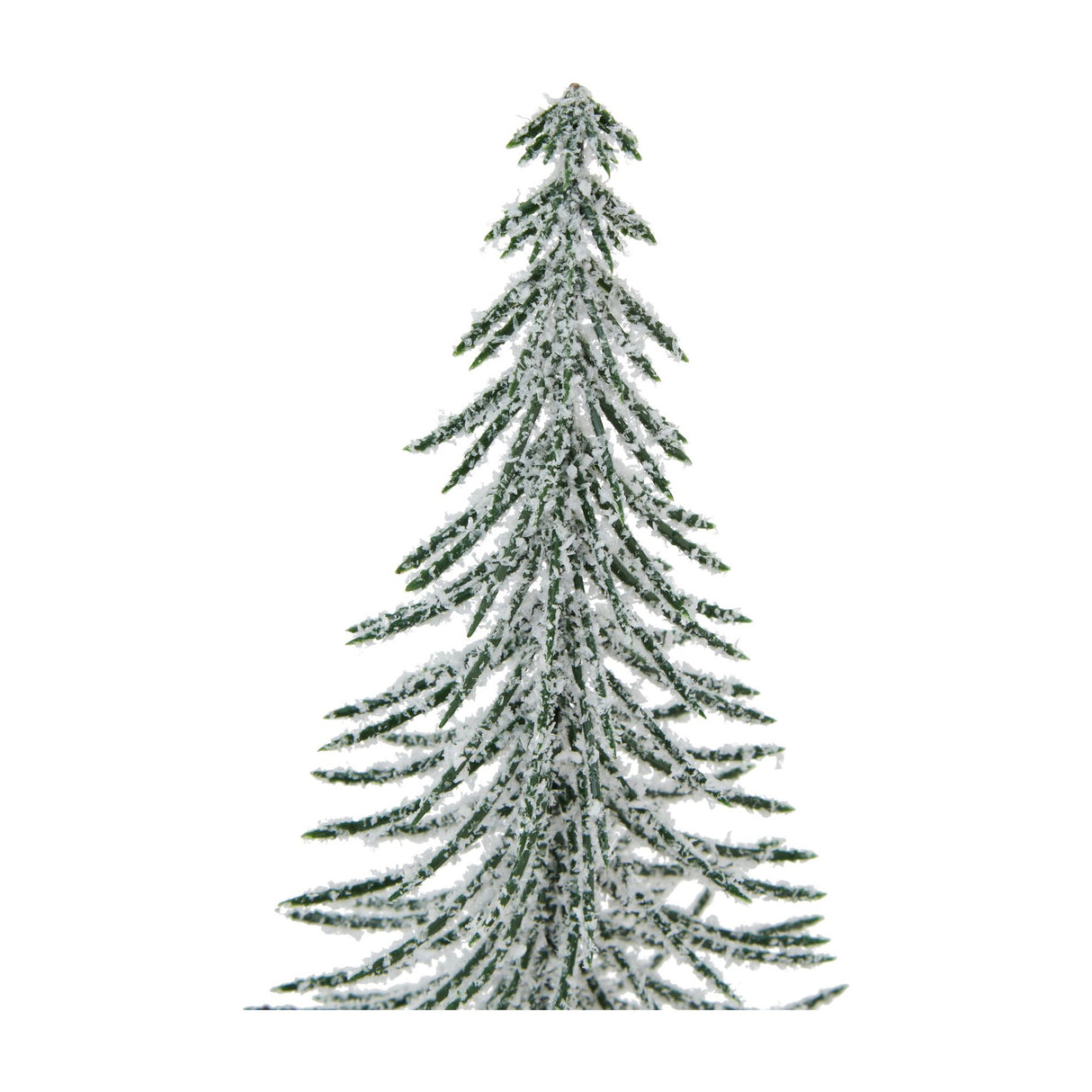 Hill Interiors large snowy spindle tree, a slim green conifer form dusted with a soft white snowy finish, shown against a plain white background.