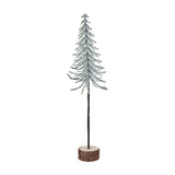 Hill Interiors Medium Snowy Spindle Tree with slim frosted green branches on a slender brown stem set in a natural wood log base, on a white background.