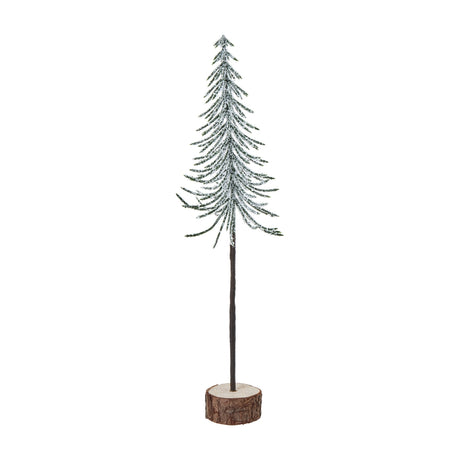 Hill Interiors Medium Snowy Spindle Tree with slim frosted green branches on a slender brown stem set in a natural wood log base, on a white background.