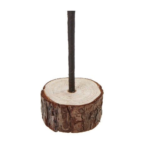 Hill Interiors Medium Snowy Spindle Tree base detail showing the slim brown trunk set into a natural bark-edged wood log, on a white background.