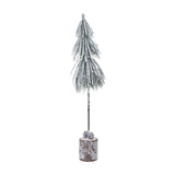 Hill Interiors Small Snowy Tree in Wood Log, a slender frosted fir with pine cones set on a brown log base, shown against a plain white background.