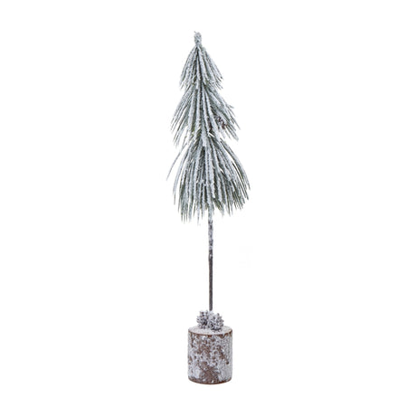 Hill Interiors Small Snowy Tree in Wood Log, a slender frosted fir with pine cones set on a brown log base, shown against a plain white background.