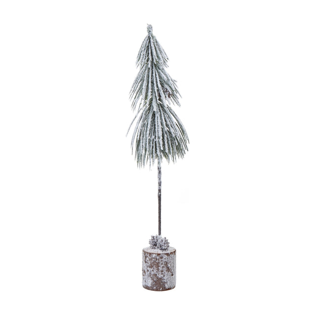 Hill Interiors Small Snowy Tree in Wood Log, a slender frosted fir with pine cones set on a brown log base, shown against a plain white background.