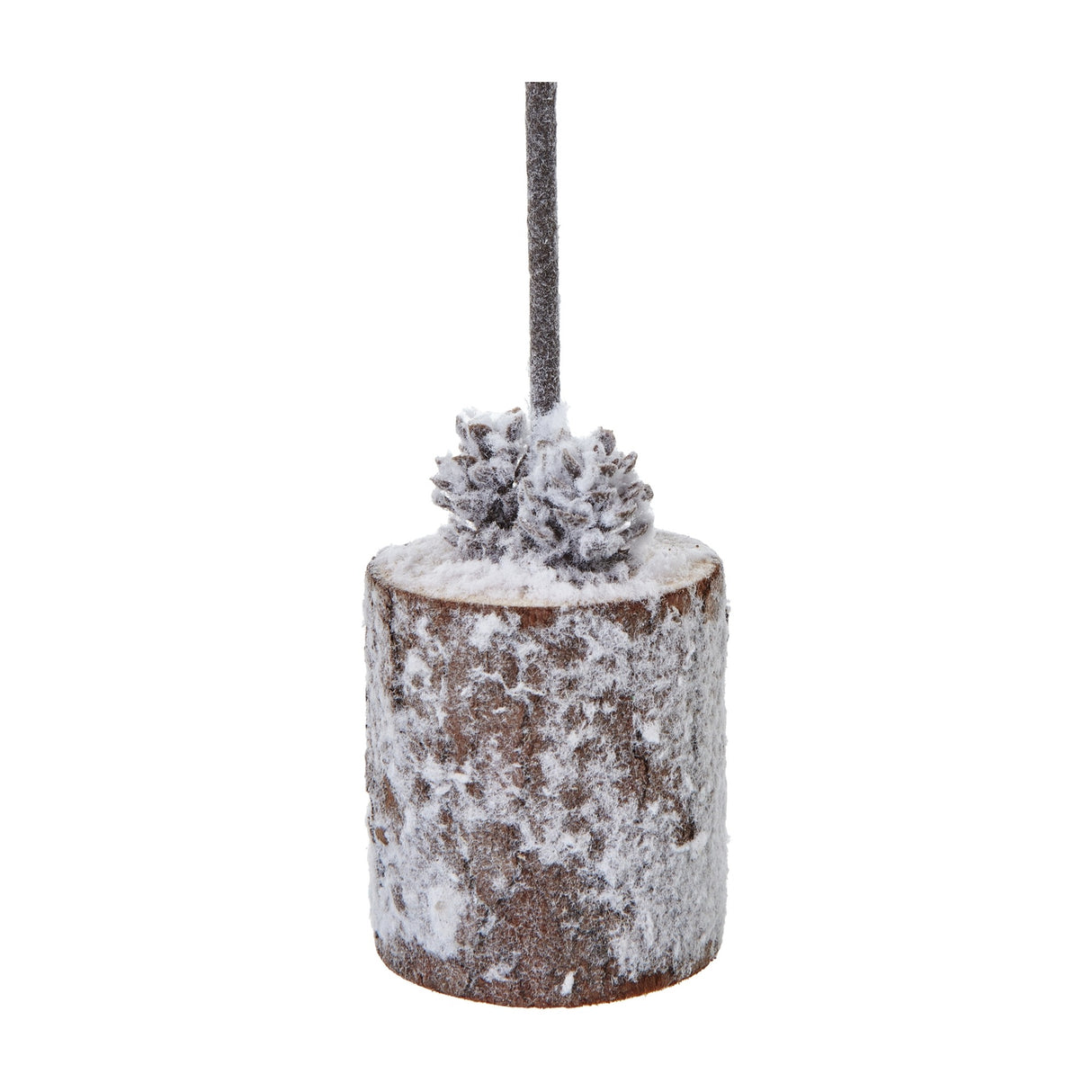 Hill Interiors Small Snowy Tree in Wood Log with frosted fir stem, pine cones and snow-dusted brown log base, shown on a plain white background.