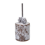 Hill Interiors Small Snowy Tree in Wood Log with frosted fir stem, pine cones and snow-dusted brown log base, shown on a plain white background.