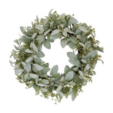 Hill Interiors winter wreath with faux lambs ear leaves and clusters of small white wax flowers in a full round shape on a plain white background.