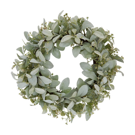 Hill Interiors winter wreath with faux lambs ear leaves and clusters of small white wax flowers in a full round shape on a plain white background.