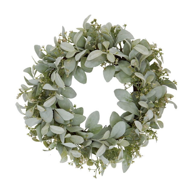 Hill Interiors winter wreath with faux lambs ear leaves and clusters of small white wax flowers in a full round shape on a plain white background.