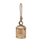 Hill Interiors Antique Gold Bell Bauble in wood with an aged gold finish, domed top and jute rope hanger, shown on a plain white background.