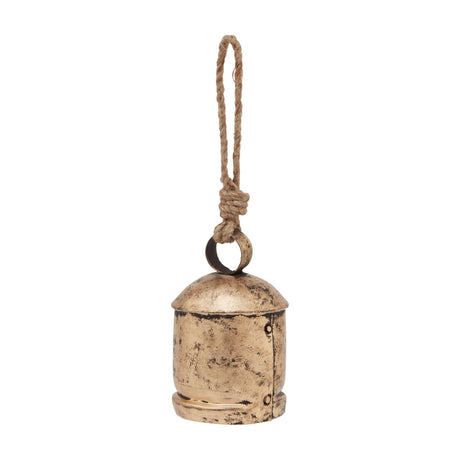 Hill Interiors Antique Gold Bell Bauble in wood with an aged gold finish, domed top and jute rope hanger, shown on a plain white background.